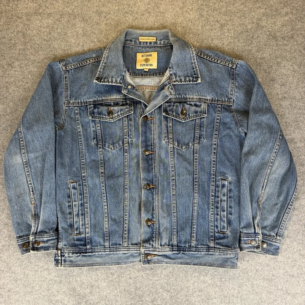 Outdoor Expedition Vintage Denim Jacket Blue Trucker Jean Coat Mens Size M Y2K